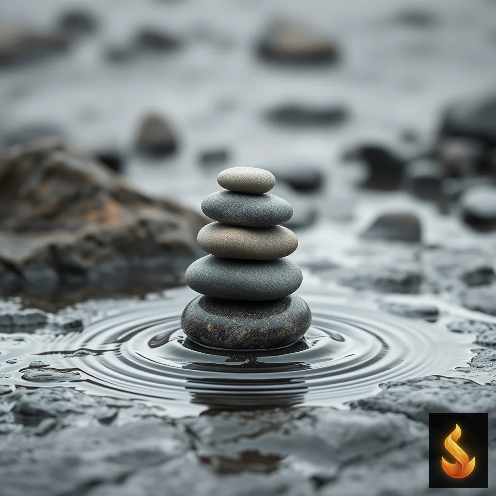 Three stacked river stones on a wet surface representing the step-by-step tiered scoring system for moving from burnout triage to structural recovery.