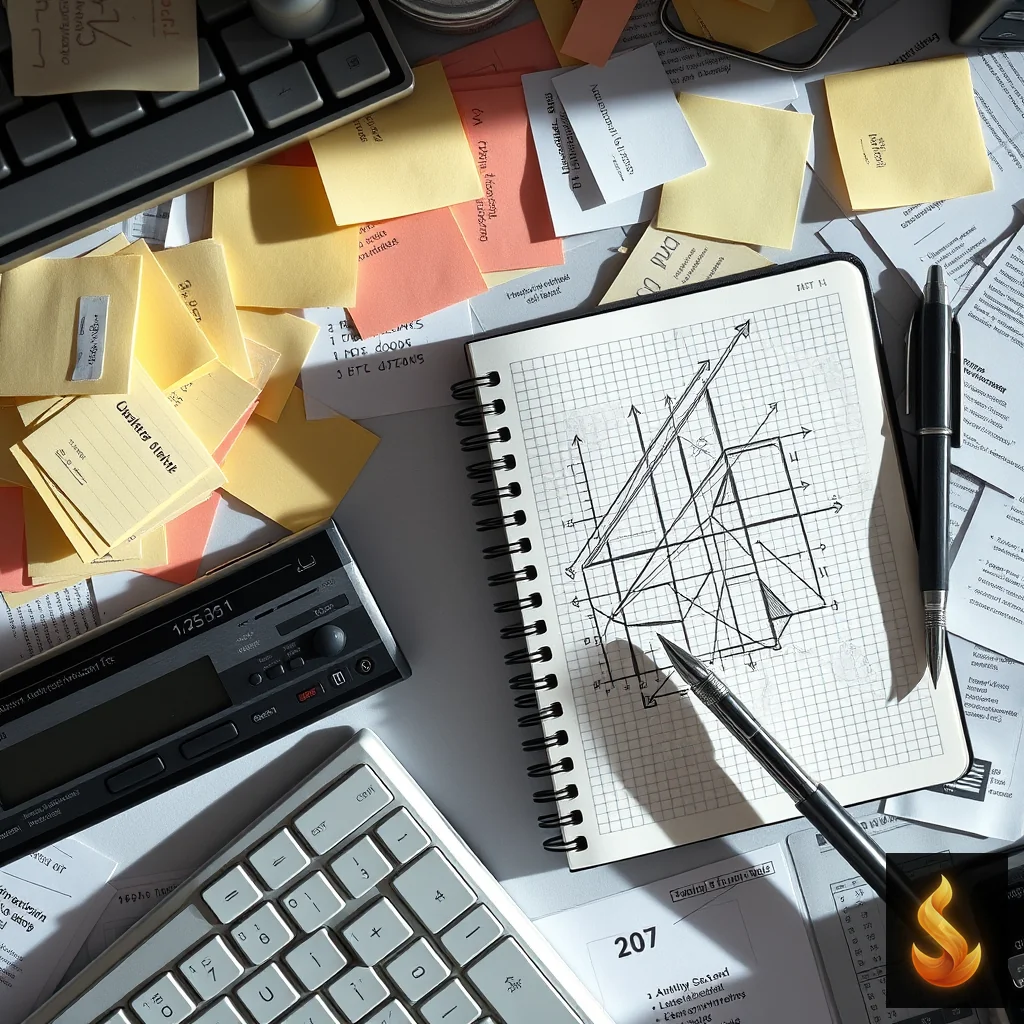 A cluttered desk with a complex notebook sketch and scattered notes, illustrating the cognitive load and structural mismatch of heavy workloads.