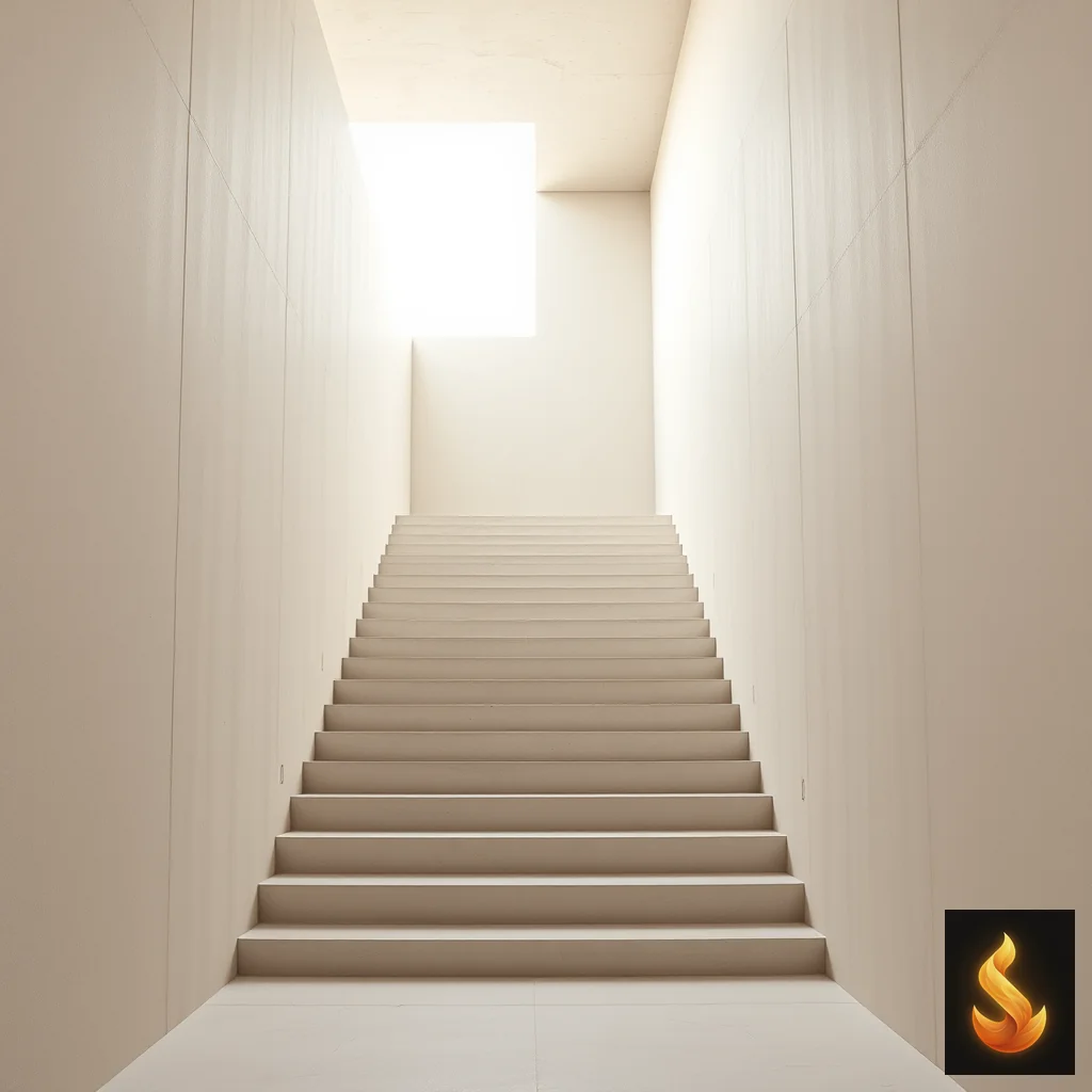 A minimalist concrete staircase ascending toward bright natural light, representing the next step toward empirical self-understanding and recovery.