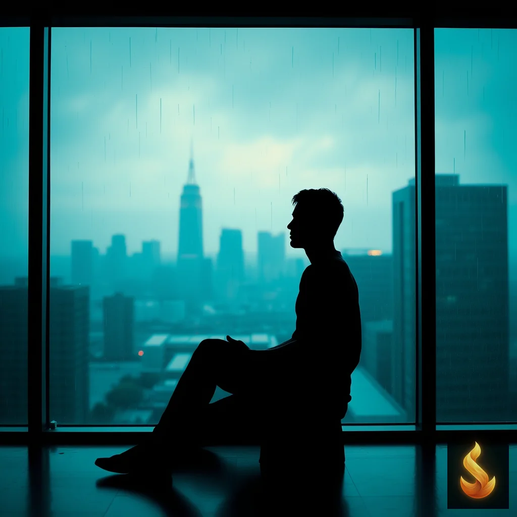 Silhouette of a person sitting by a window looking out at a rainy city skyline, representing somatic hypervigilance.