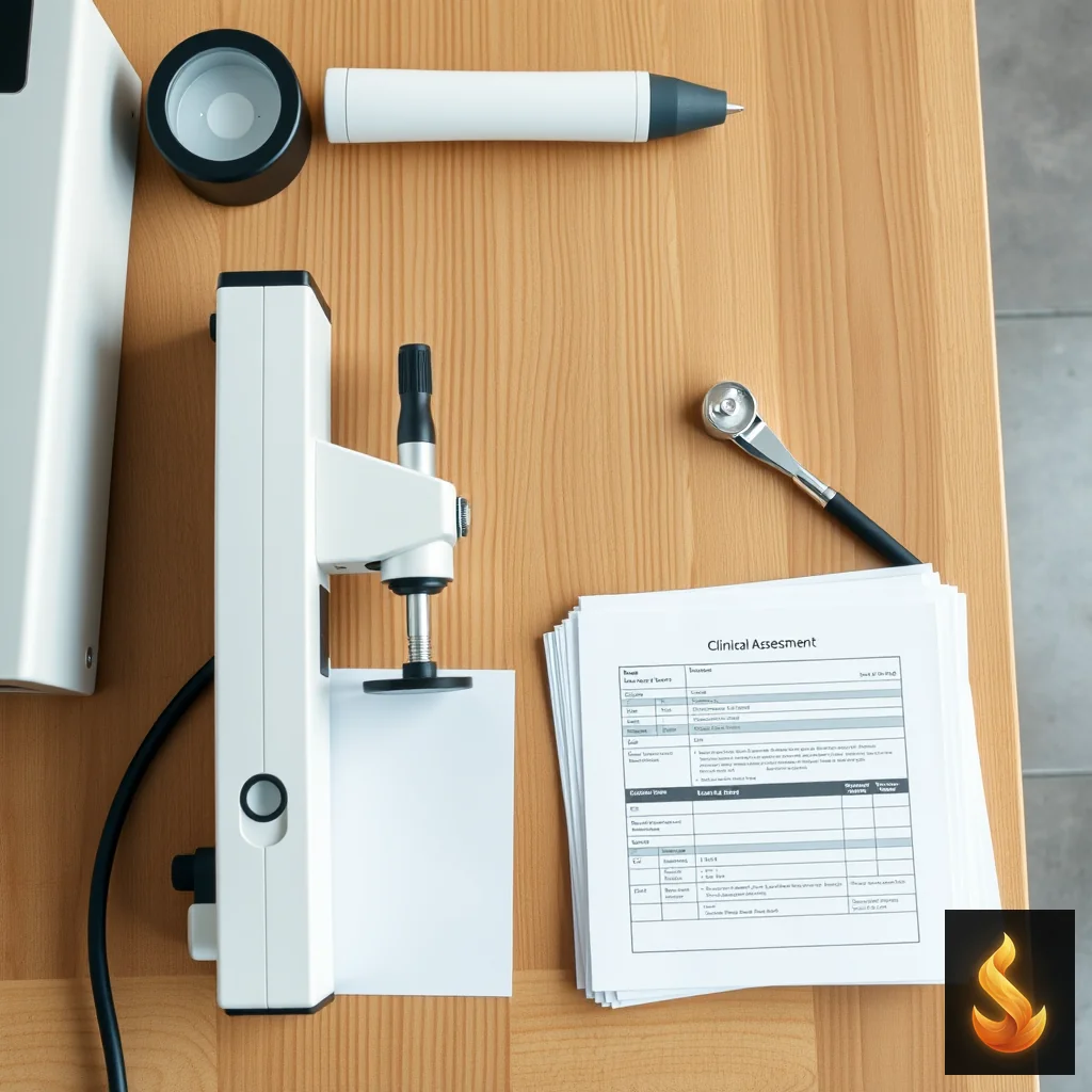 A precise clinical instrument and organized assessment papers on a clean wooden workbench.