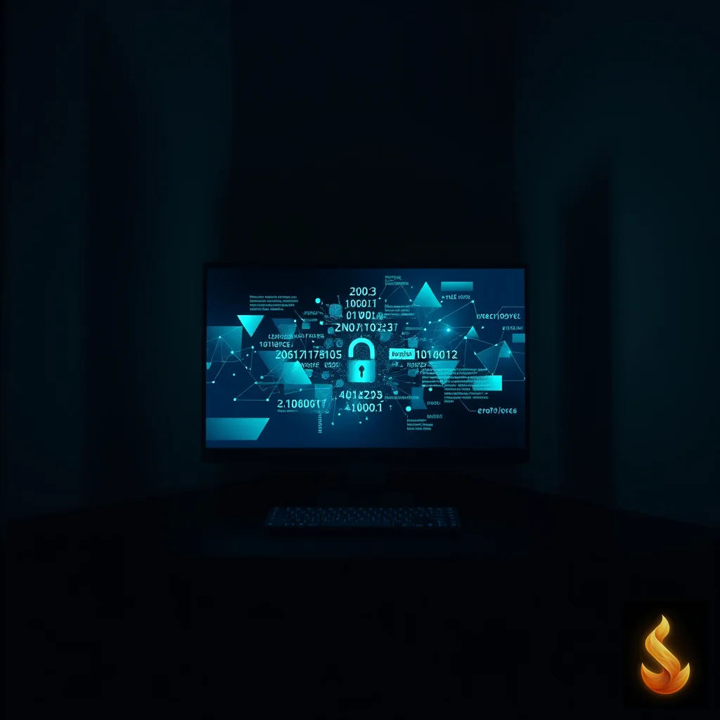 A glowing computer screen in a dark room displaying abstract encryption patterns, representing data privacy.
