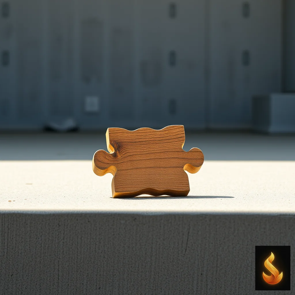 A single weathered wooden puzzle piece on a clean concrete surface under soft side light.