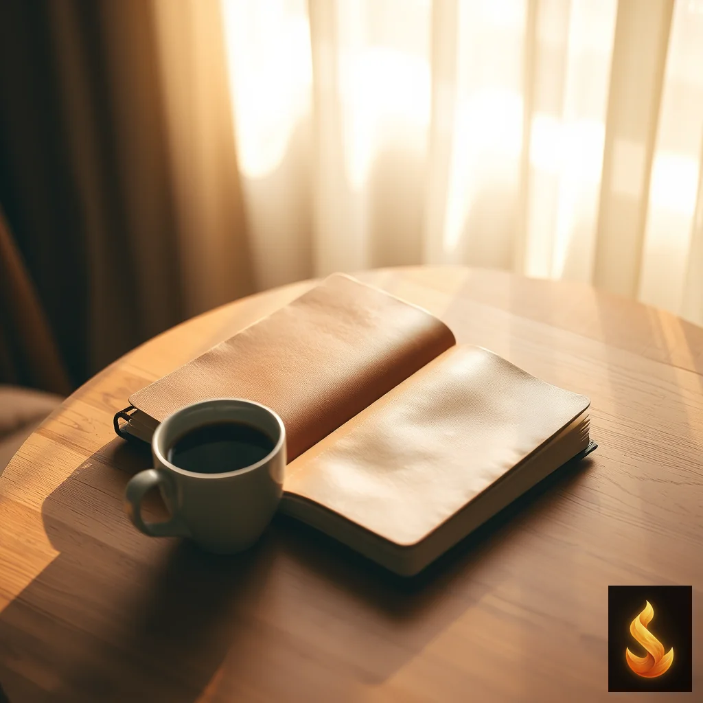 An open journal and a cup of coffee on a wooden table in warm morning sunlight.