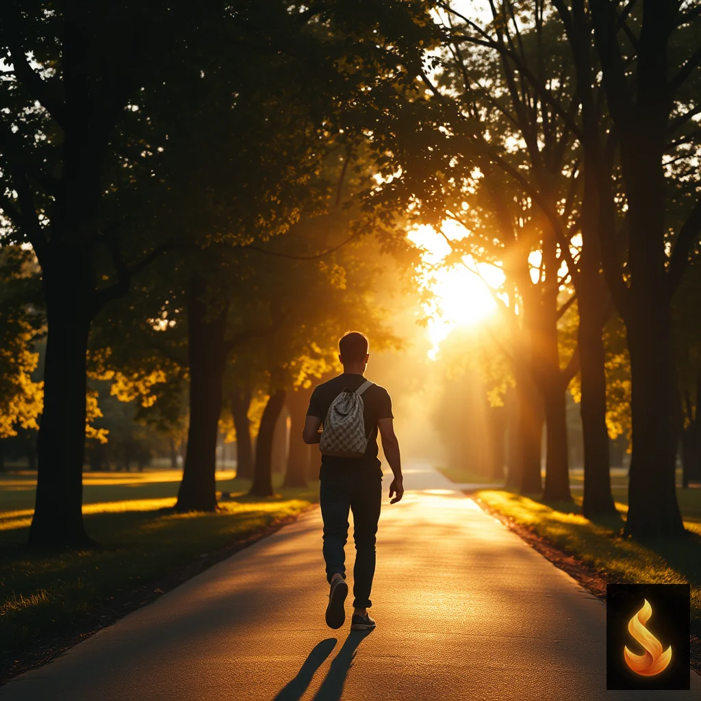 Person walking on sun-dappled park path toward light