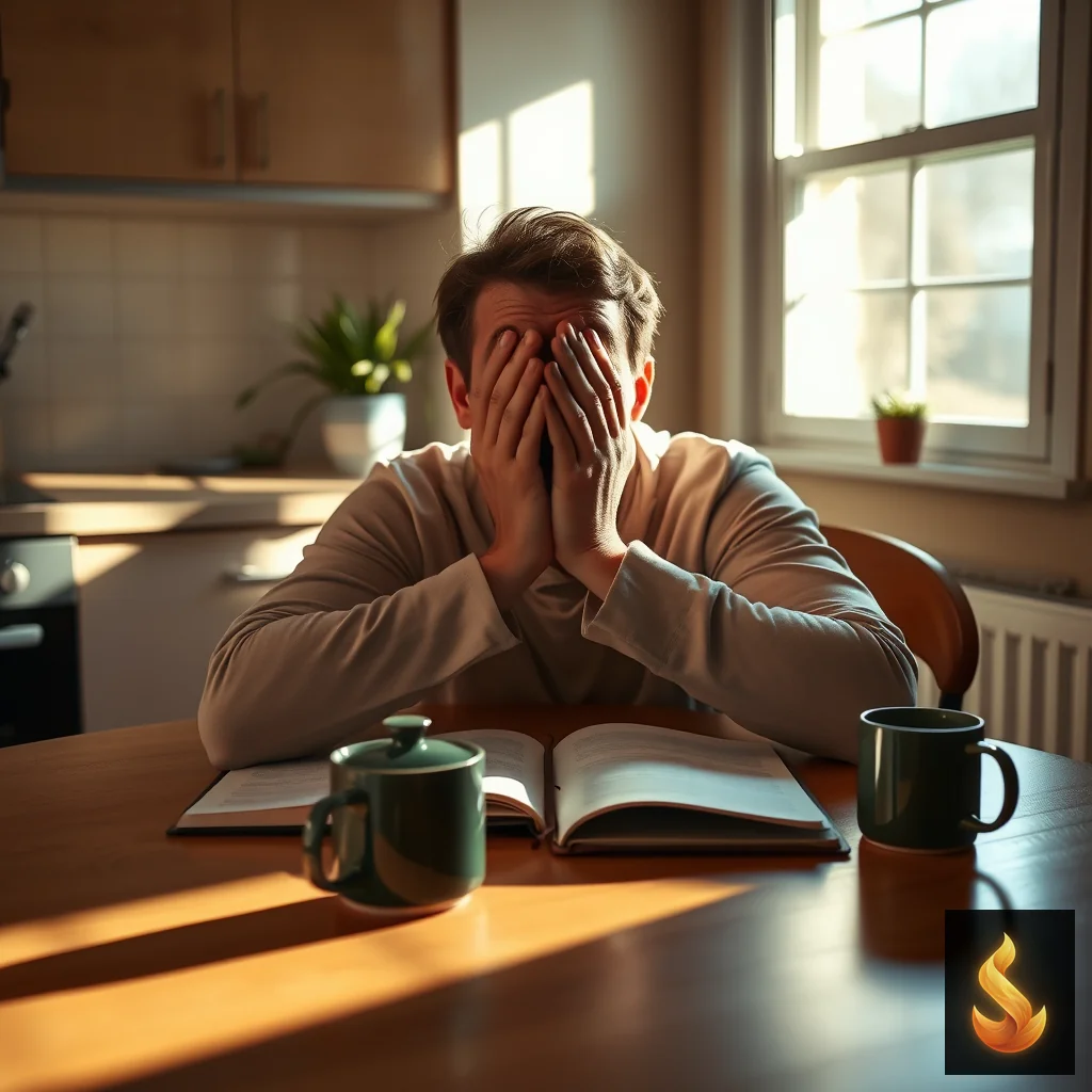 Person contemplating at kitchen table in morning light