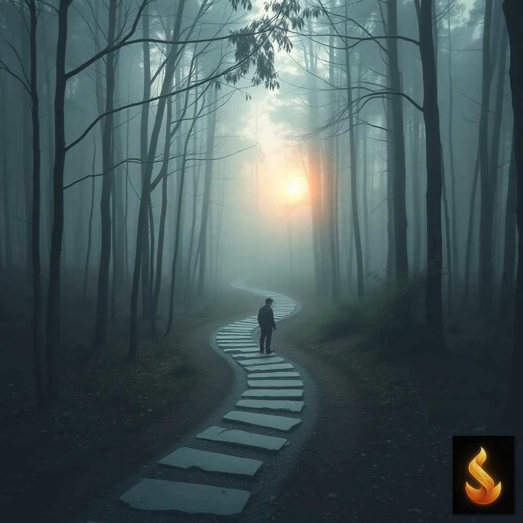 Person at fork in misty forest path representing therapy choice