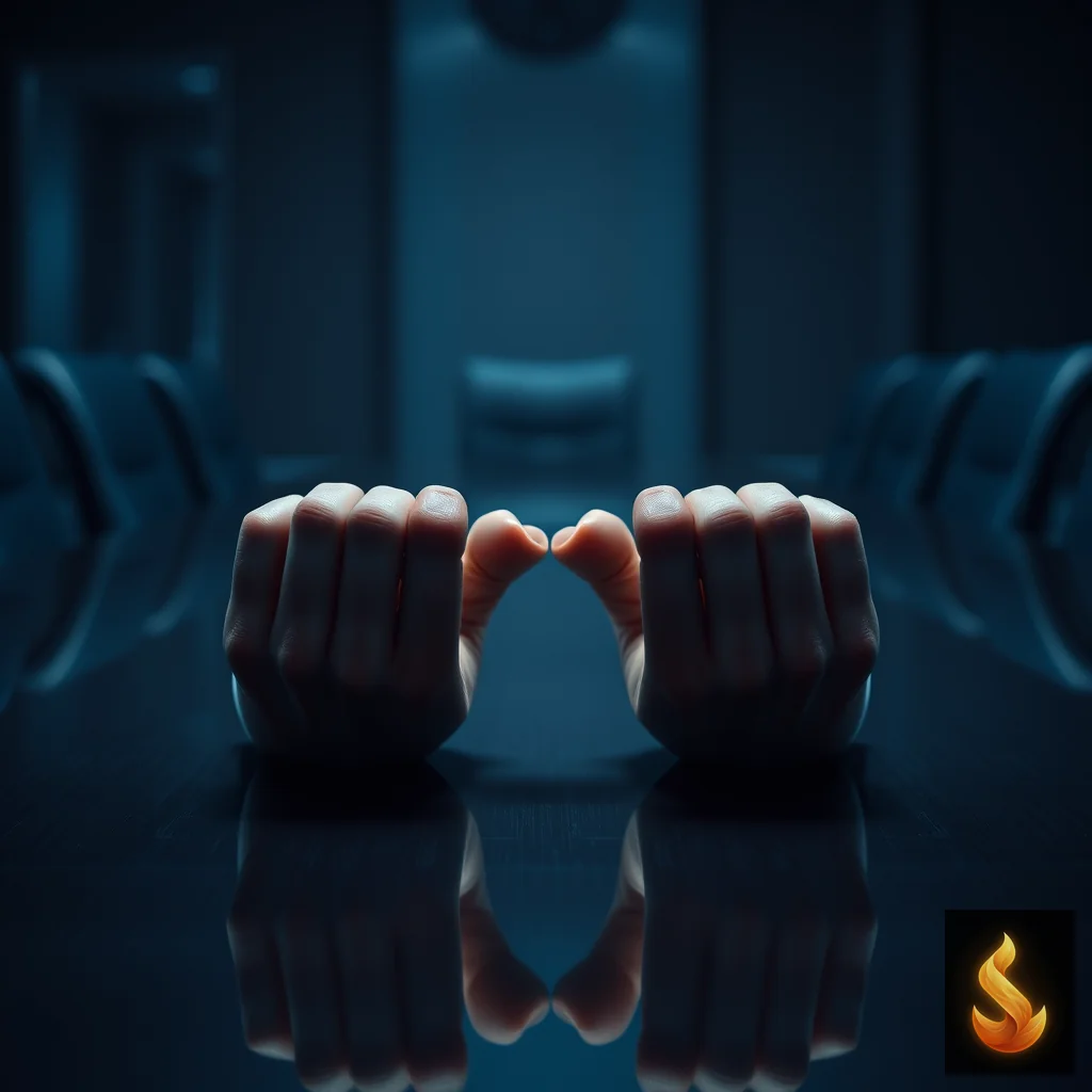 Tense hands resting on a conference table, illustrating the silent physical toll of constant emotional suppression in professional settings.