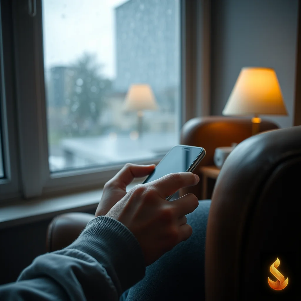 A person holding a phone by a rainy window, illustrating the physical tension and anticipation of waiting for a reply.