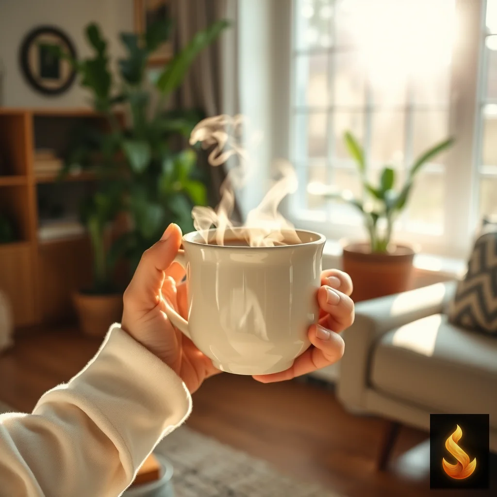 Warm hands holding a mug of tea in sunlight, symbolizing grounding and emotional stability during relationship growth.