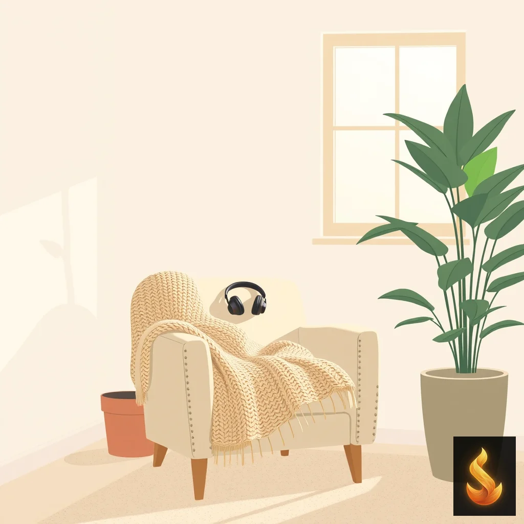 A calm, comfortable corner with headphones and a plant representing radical unmasking and environmental accommodation.