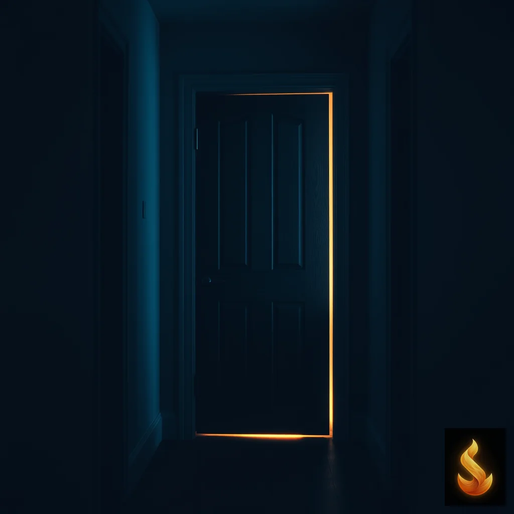 A closed wooden door with warm light underneath in a cool hallway, representing sudden emotional withdrawal and isolation.