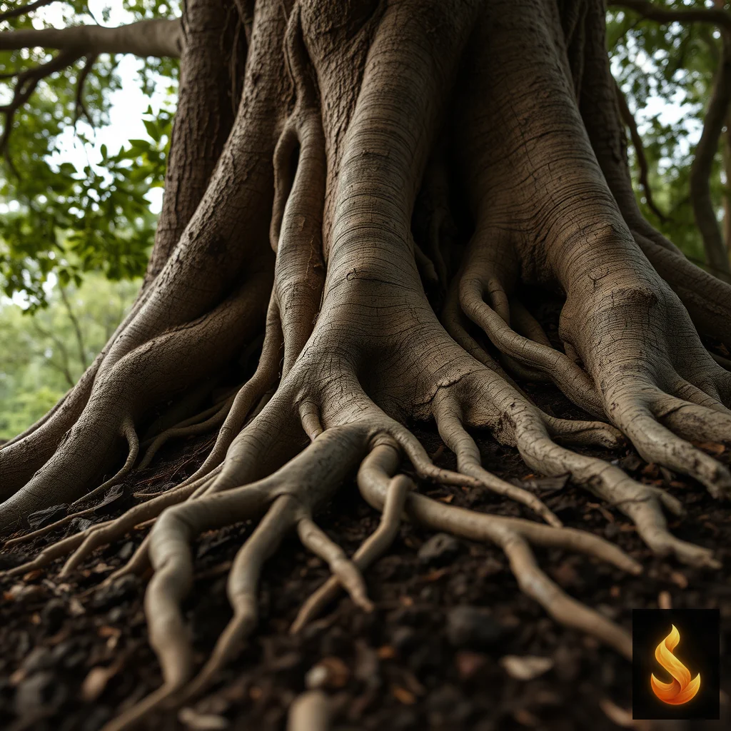 Interwoven tree roots representing the long-term structural adaptations of chronic relational entrapment.