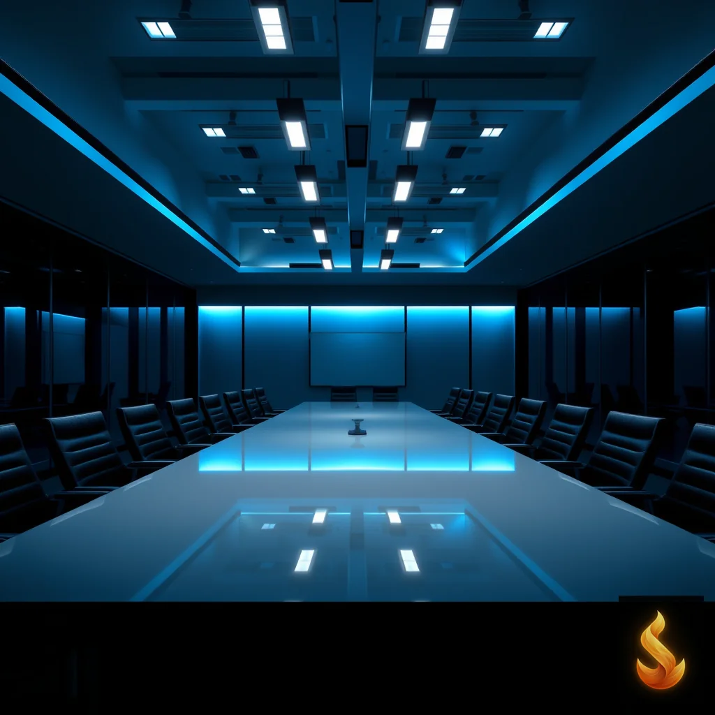 An empty modern conference room under cool lighting, symbolizing competitive and high-strain workplace climates.