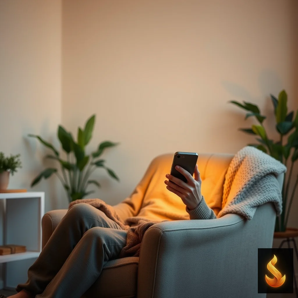 A person taking a private self-assessment on a smartphone at home, representing confidential emotional reflection.