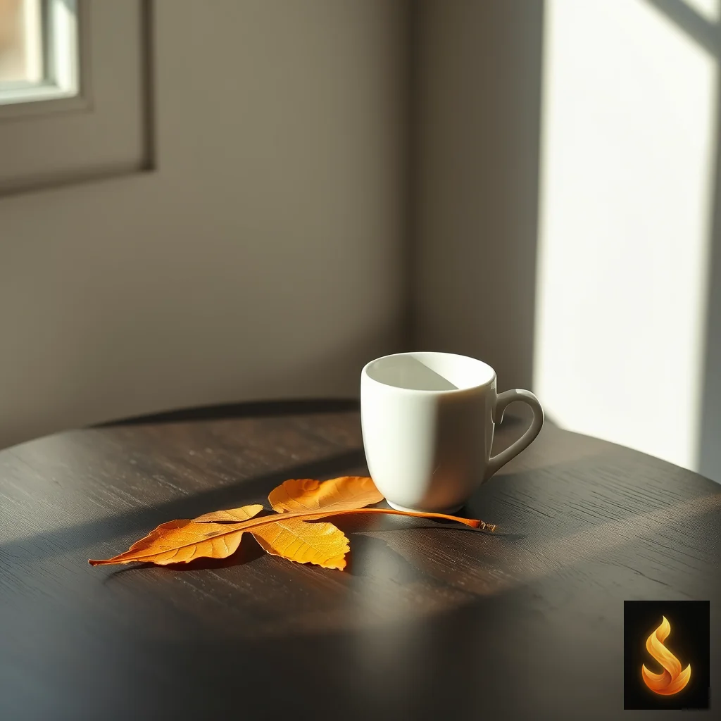 A single white teacup casting a heavy shadow on a dark table, representing the emotional weight of perfectionism.