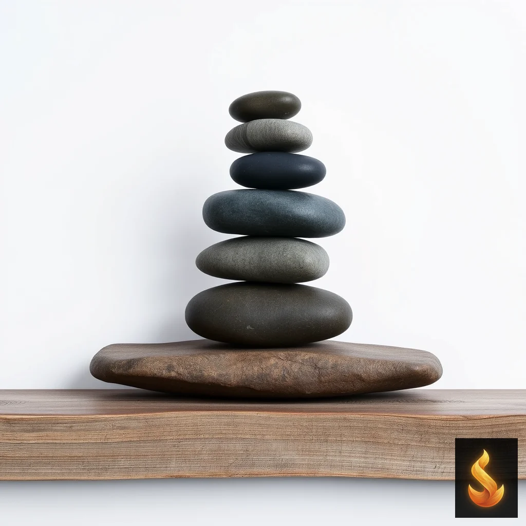 Balanced river stones in a vertical column representing the cascading chain of stress, depression, and inhibitory control.