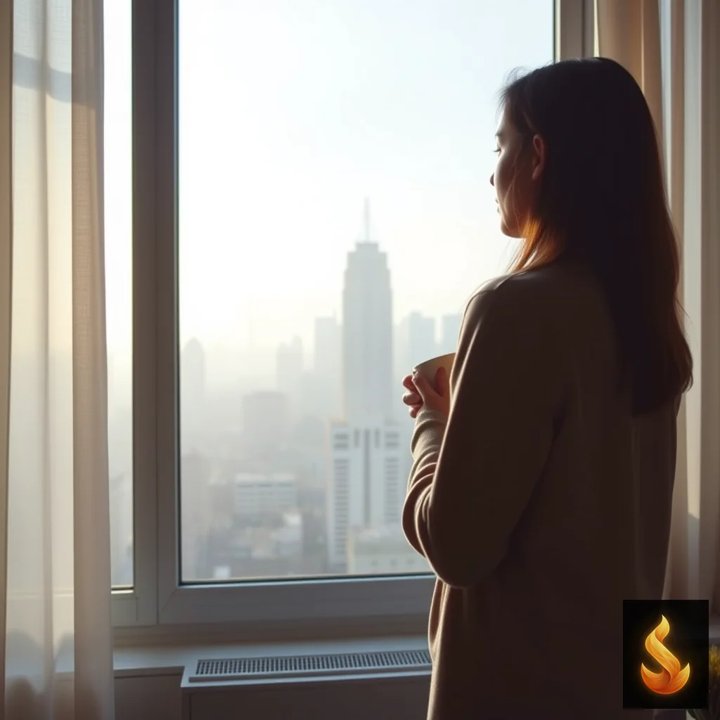 A person looking out a window thoughtfully, representing the psychological escape and comfort found in new beginnings.