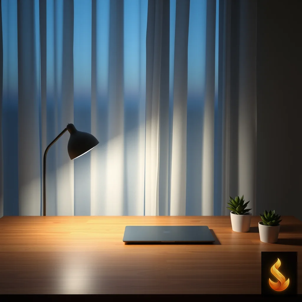 A clean, serene workspace at dusk, representing peace of mind and the completion of creative goals.