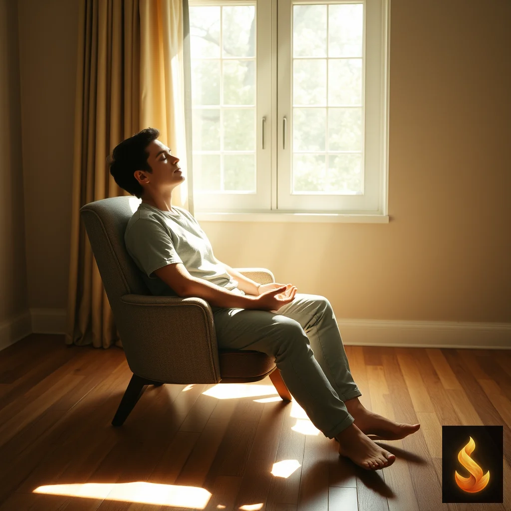 A person pausing mindfully in a sunlit room, representing metacognitive goal management training and inhibitory control.