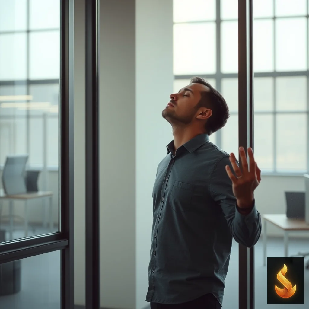A professional taking a grounding pause by a window, demonstrating real-time behavioral pivots to catch stress triggers.