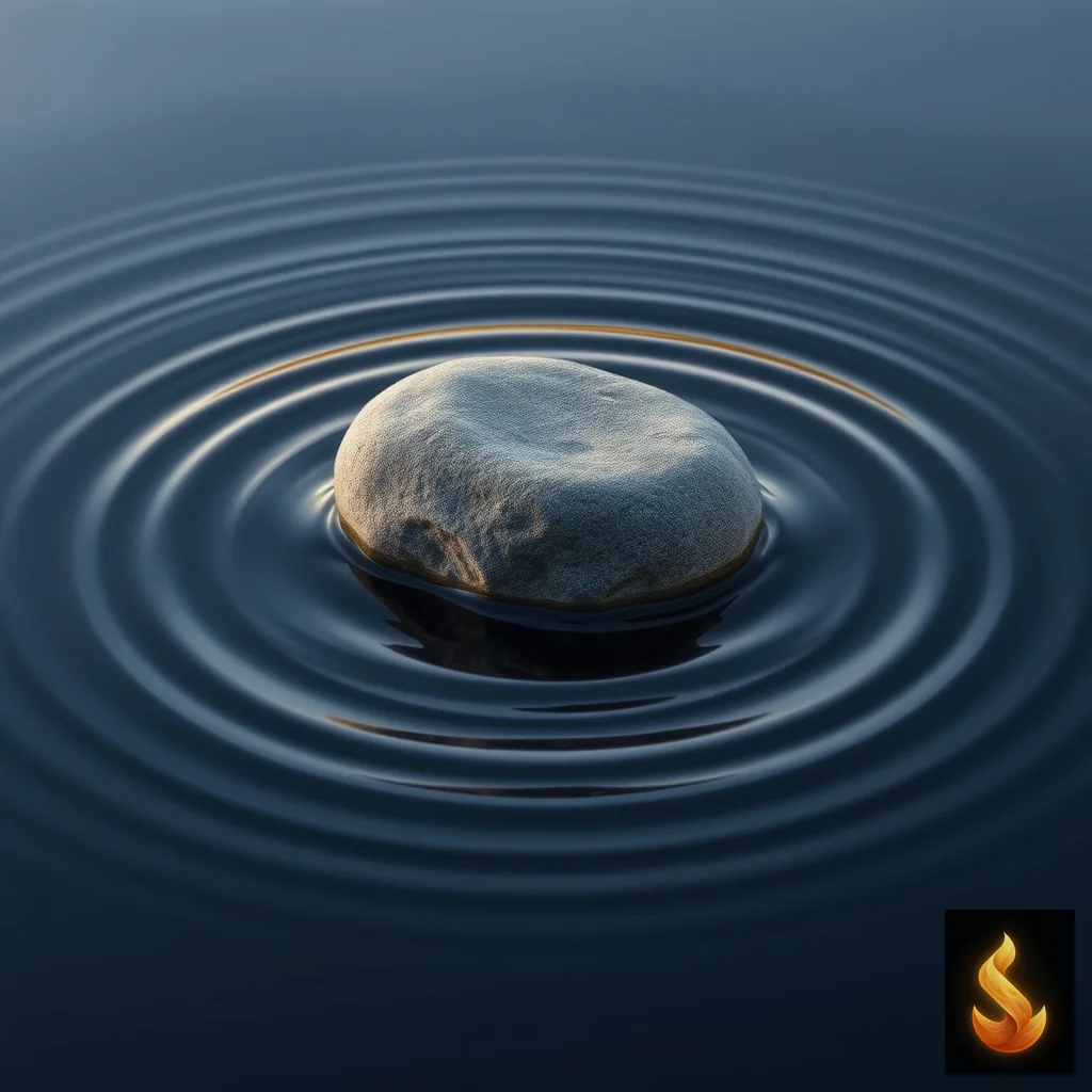 A stone on calm water creating concentric ripples, representing the shift in focus toward self-evaluation and personal clarity.