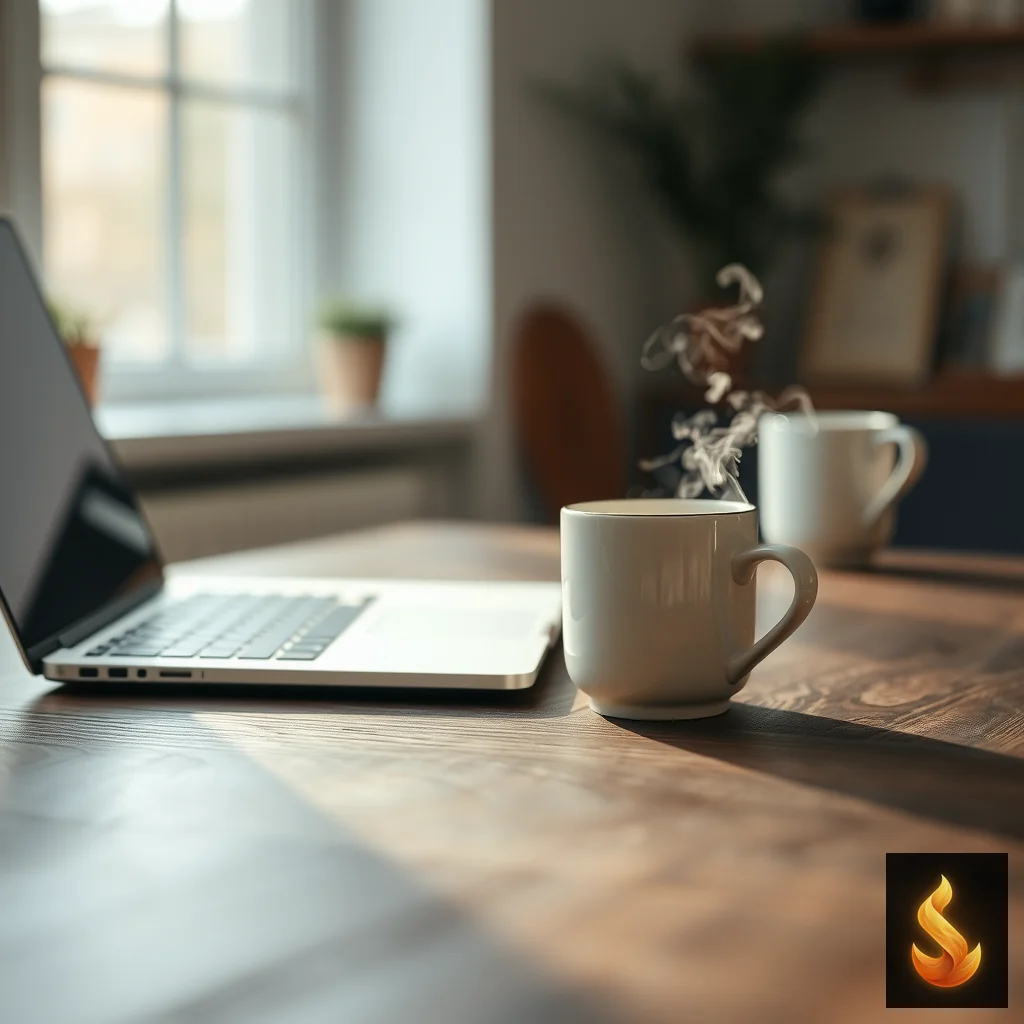A quiet, minimalist workspace with a steaming mug and laptop, illustrating the need for undisturbed cognitive flow.
