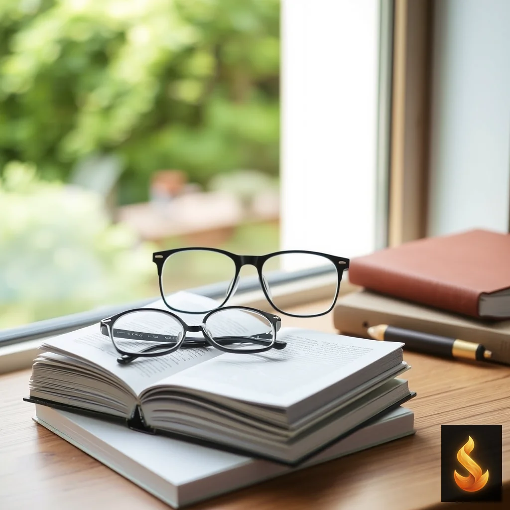 Eyeglasses resting on an organized journal by a window, representing a personalized and sustainable focus rhythm.