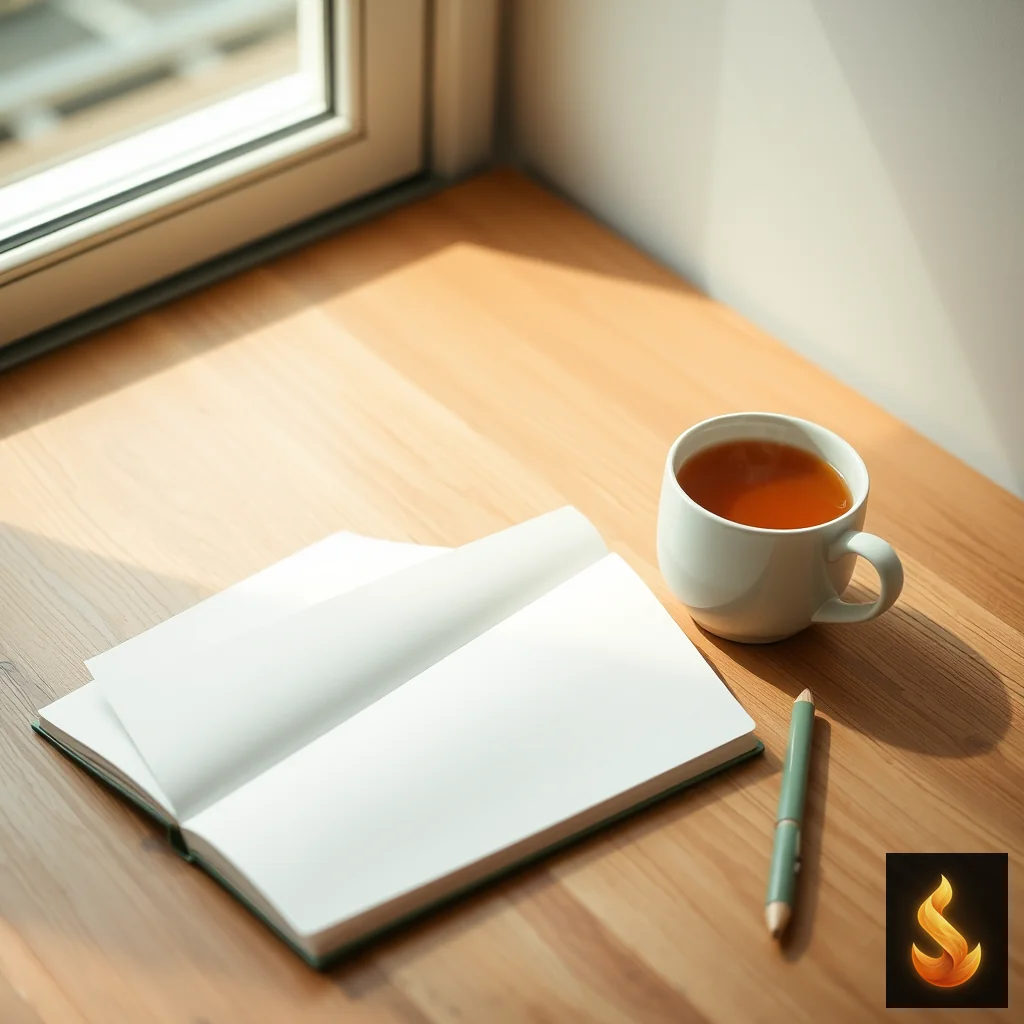 A calm desk setup with a clean notebook and tea cup, illustrating restorative downtime instead of endless planning loops.