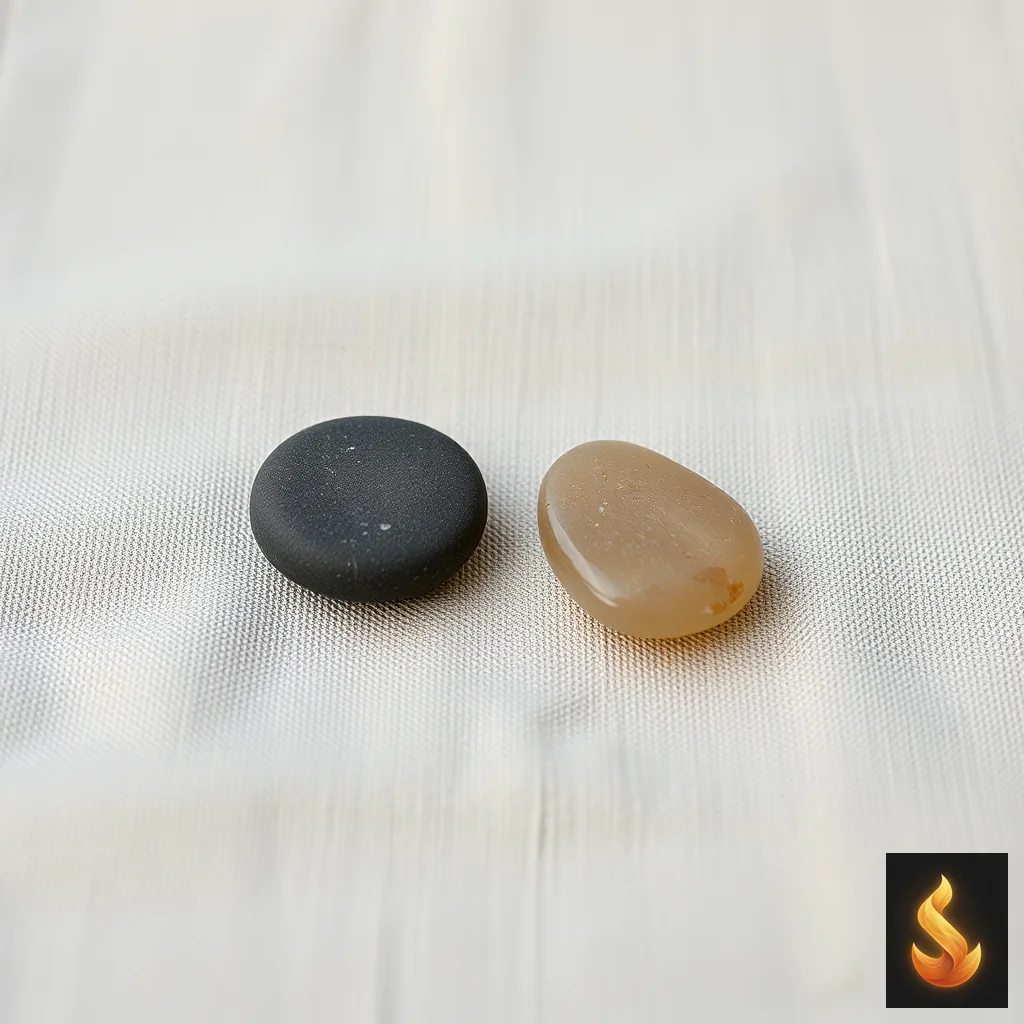 Two polished stones resting apart on linen fabric, illustrating the clear distinction between real boundaries and pure rumination.