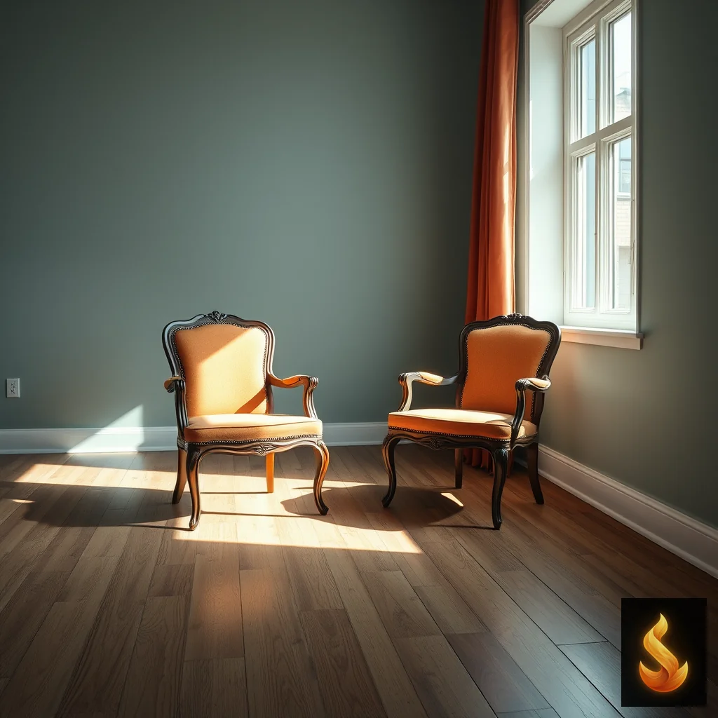 Two mismatched chairs near a sunlit window, representing imbalanced giving and codependent relationship patterns.