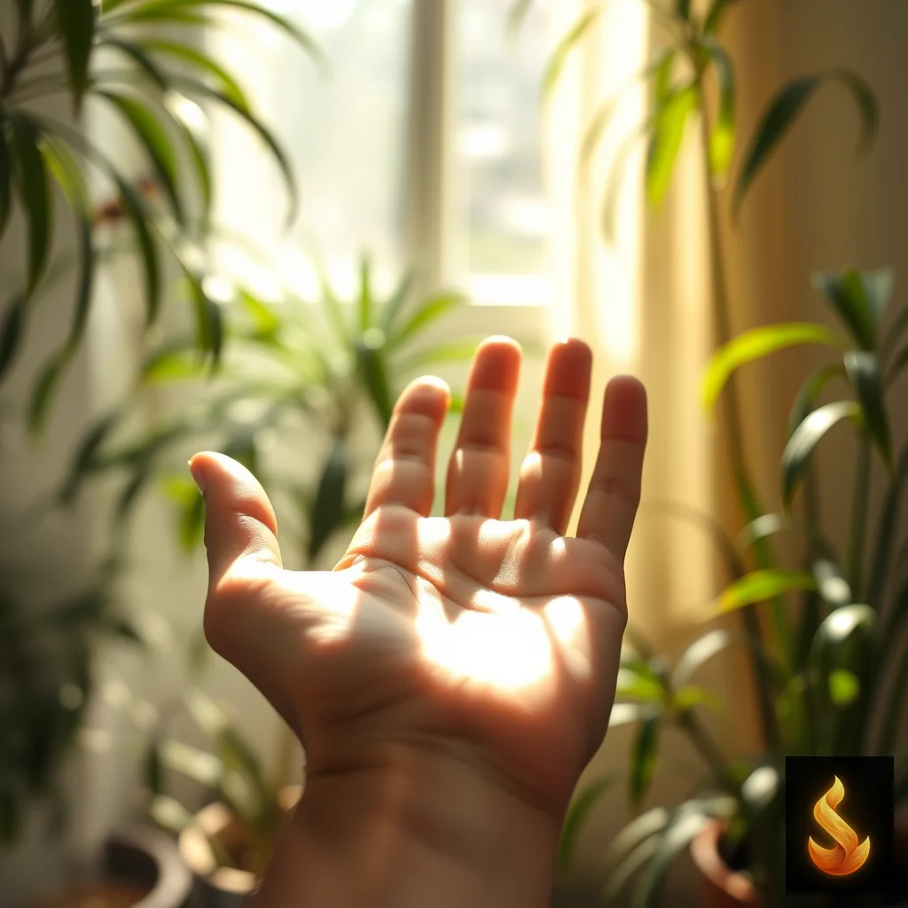 An open hand catching morning sunlight through plants, illustrating sustainable altruism and emotional recovery.