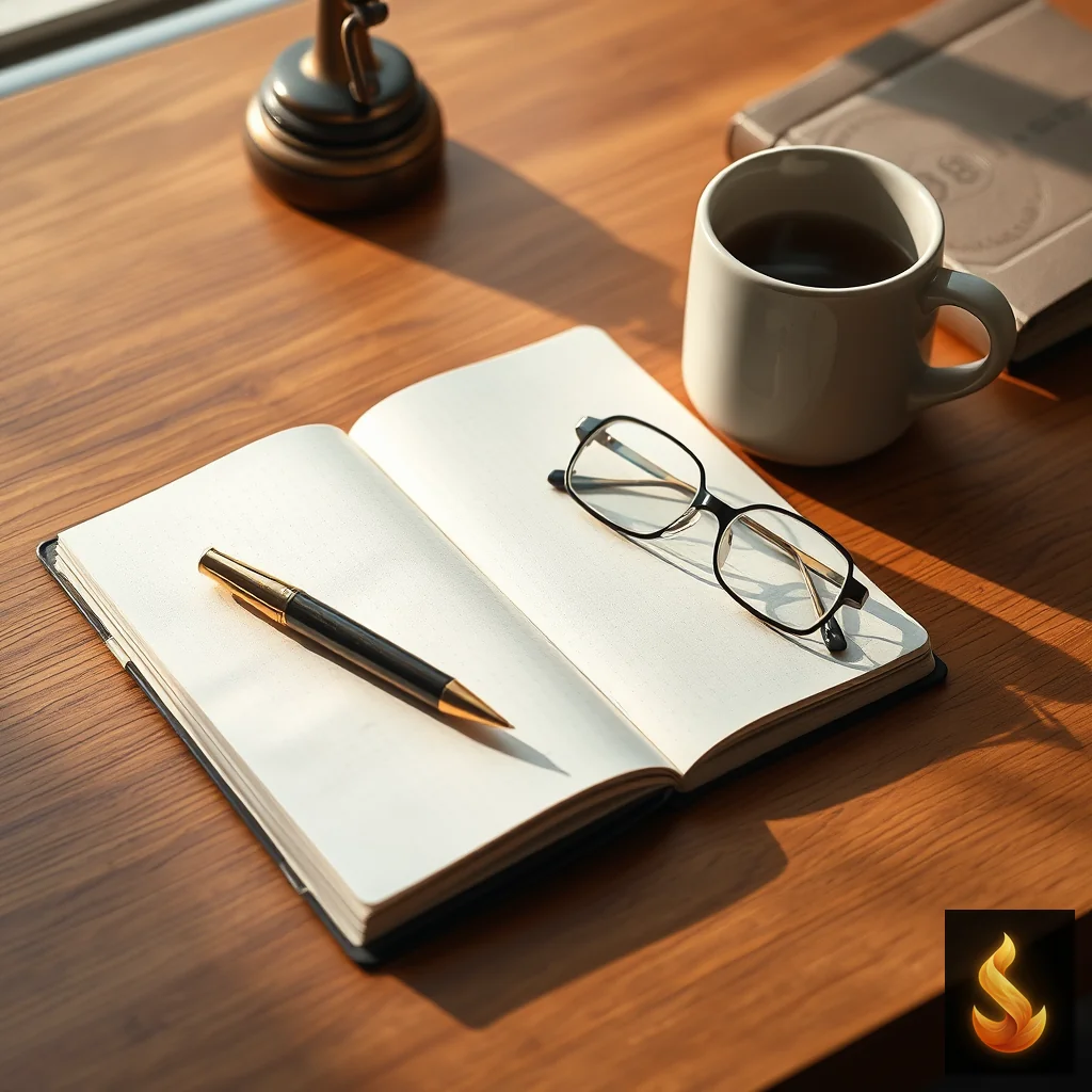An open notebook and glasses on a wooden desk, illustrating the deliberate reflection of System 2 thinking.