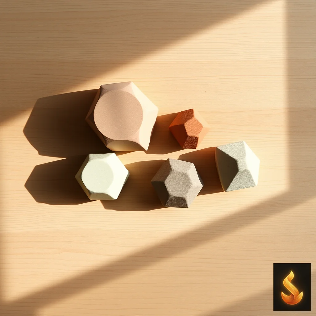 Four distinct objects neatly arranged on a wooden surface representing the structural taxonomy of different interpersonal subtypes.