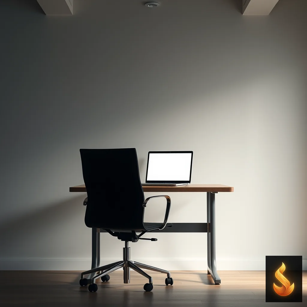 An empty office desk under soft lighting, illustrating the hidden exhaustion and isolation of masking grief at work.