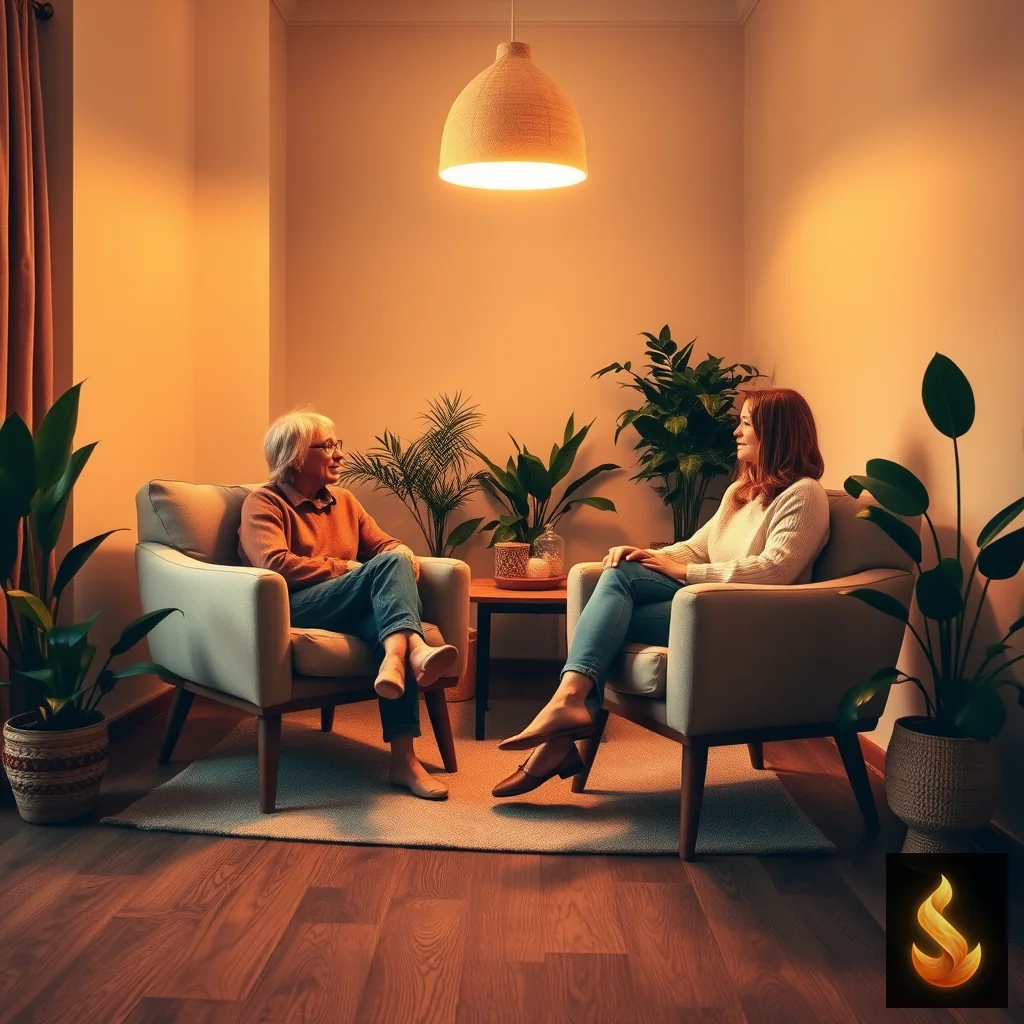 Two friends having an honest conversation in a warm, relaxed room, representing a safe space for unmasking and authentic connection.