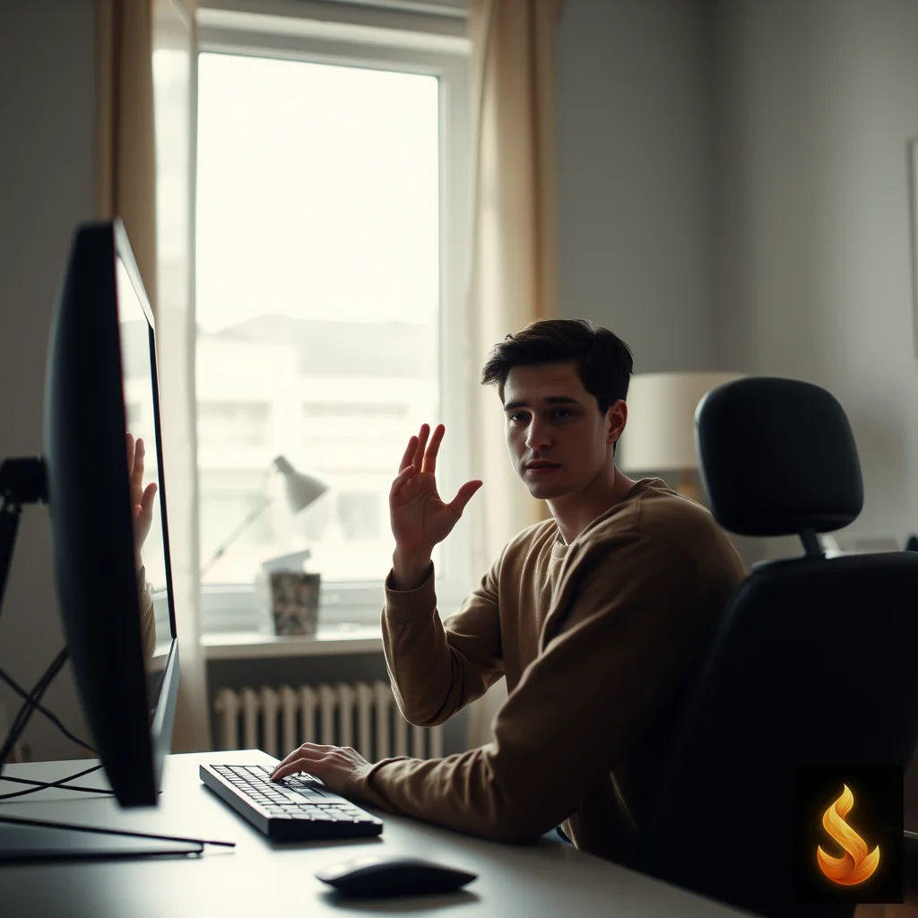 A person meticulously preparing their posture and expression before a video call, illustrating hyper-rehearsal and social camouflaging.