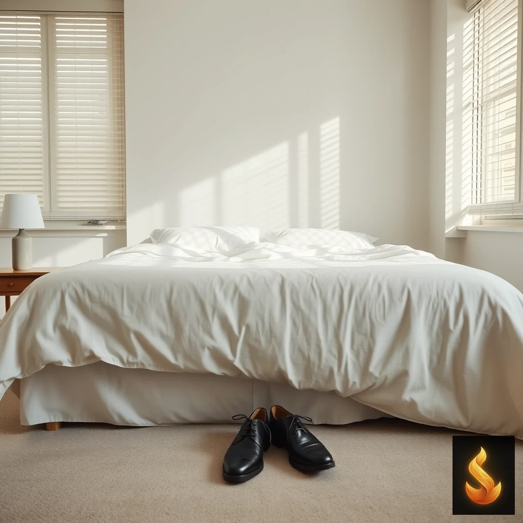 A quiet bedroom showing the aftermath of a sudden energy crash following the completion of a high-stakes project.