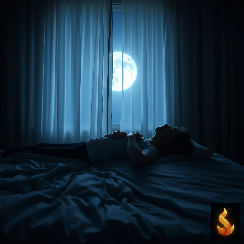 A person resting calmly in bed at night, illustrating somatic grounding techniques for racing thoughts.
