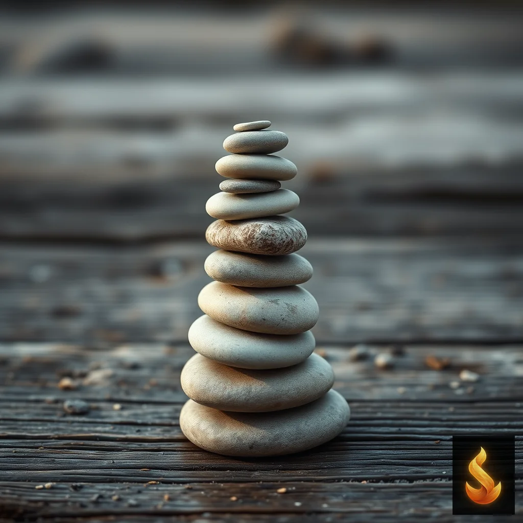 Balanced smooth river stones representing the fragile equilibrium of an overextended nervous system.