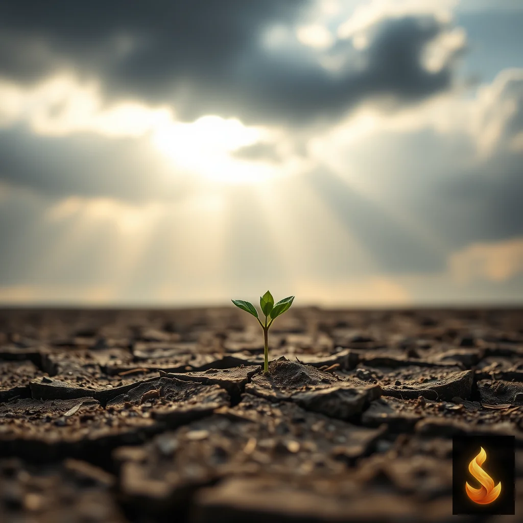 A resilient green sprout pushing through dry soil representing cellular energy renewal.