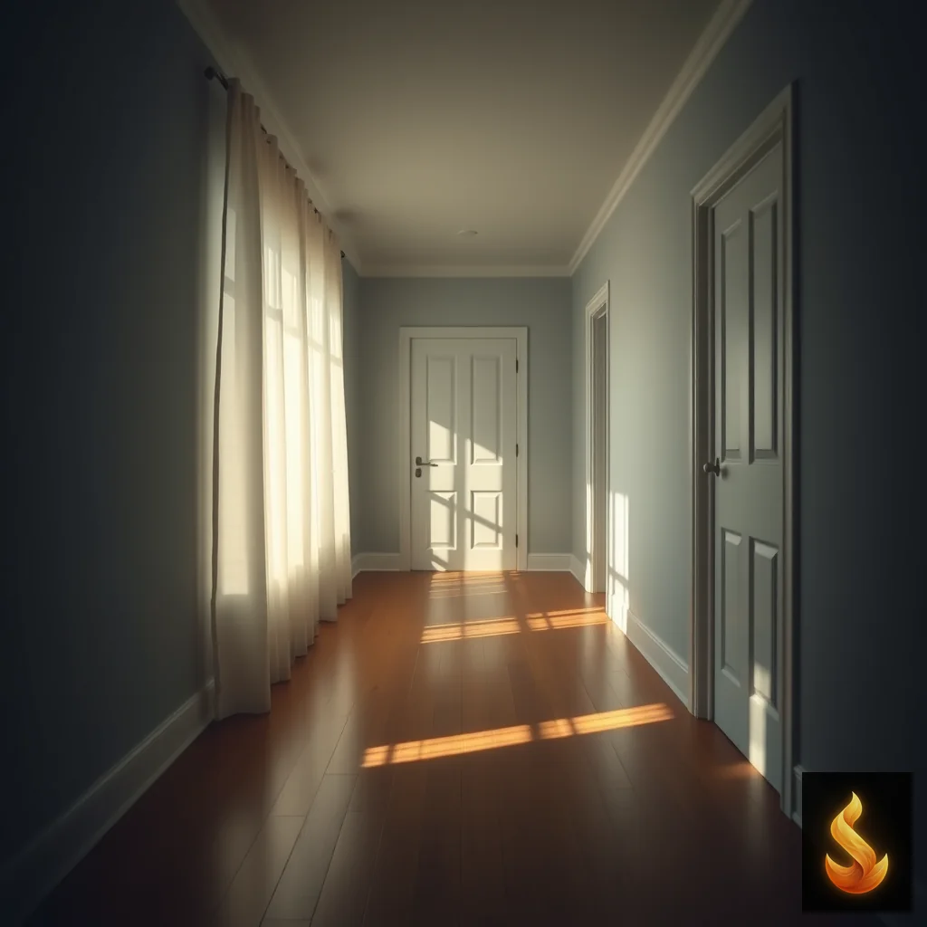 An empty hallway with sunlight streaming through curtains, representing the long-term impact of early relational trauma.