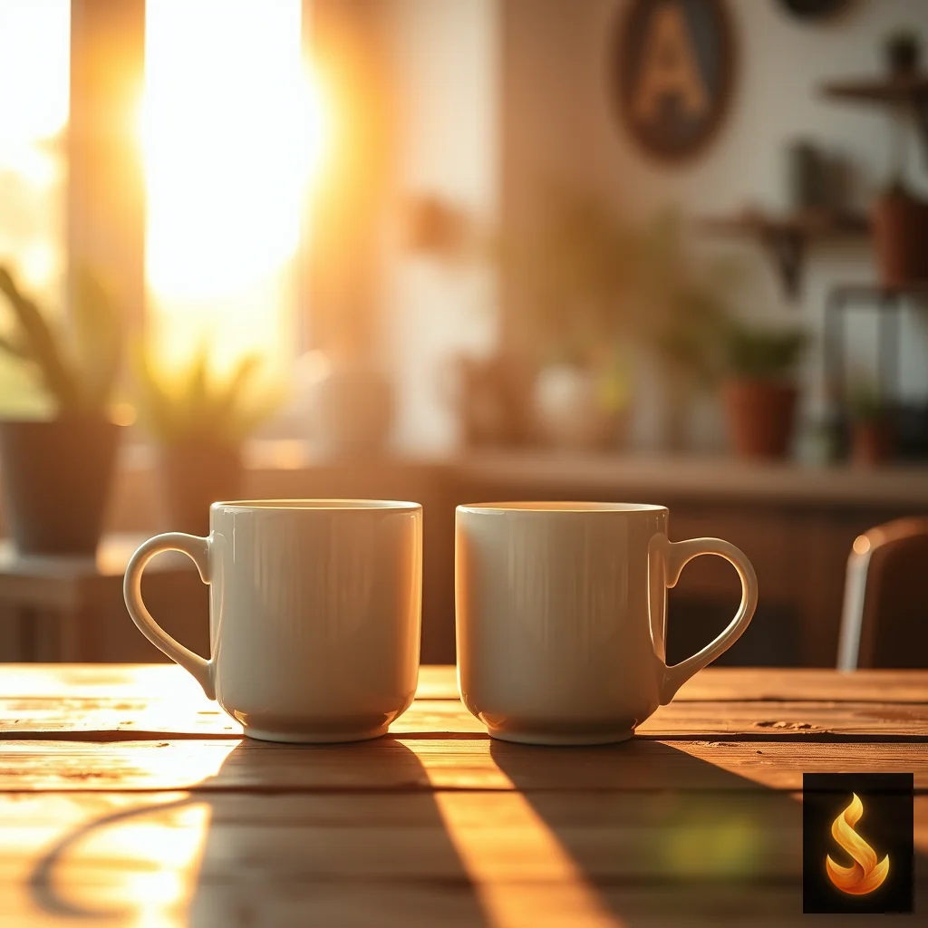 Two mugs close together on a wooden table, symbolizing the steady, earned security built in long-term relationships.