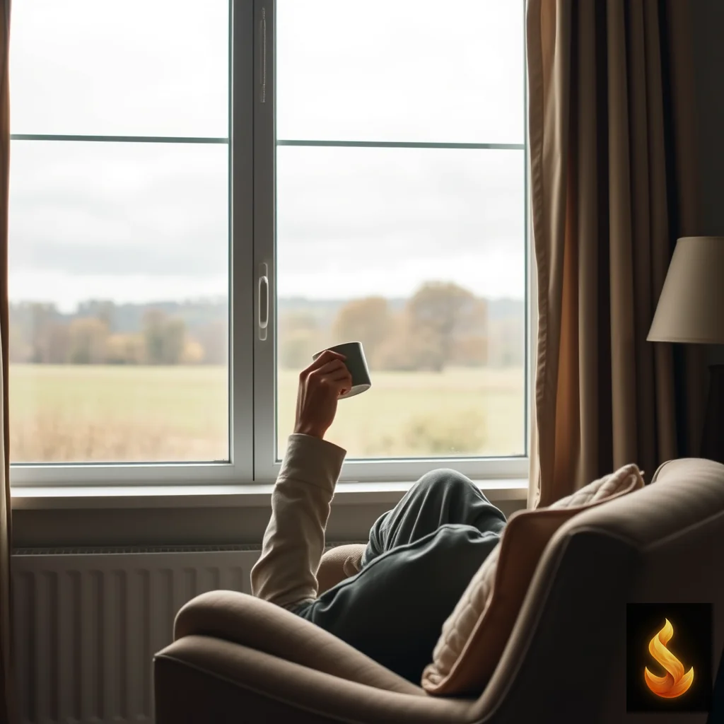 A person sitting calmly by a window holding a warm mug, representing the clarity and grounding gained after reviewing self-assessment scores.