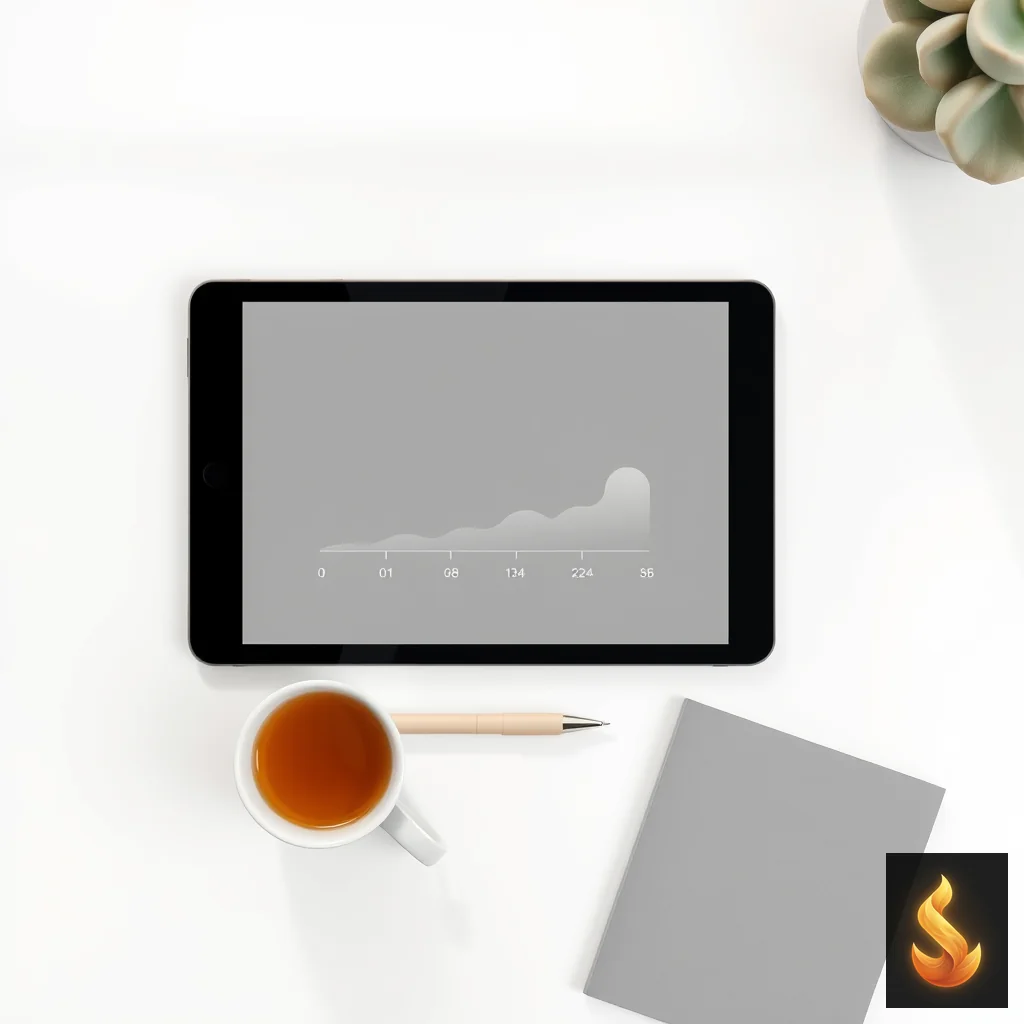 A minimalist desk setup with a tablet showing a clean interface, illustrating the structured and frictionless self-assessment process.