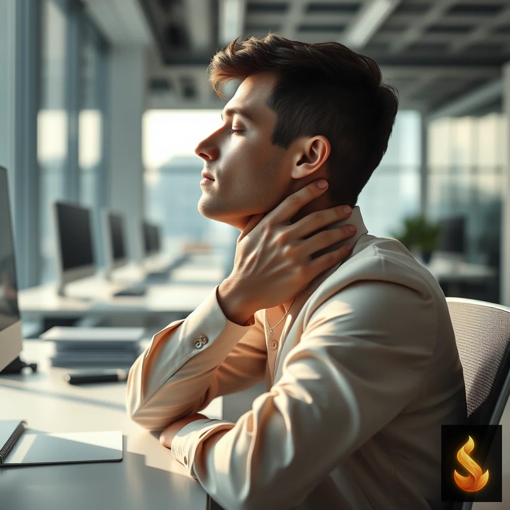 A professional pausing at a desk to manage physical tension, illustrating the hidden somatic cost of high-functioning masking.