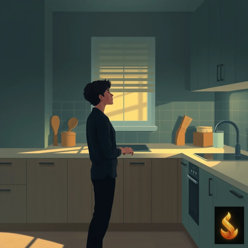 A person standing in a quiet kitchen experiencing a sudden moment of relational tension and internal pullback.