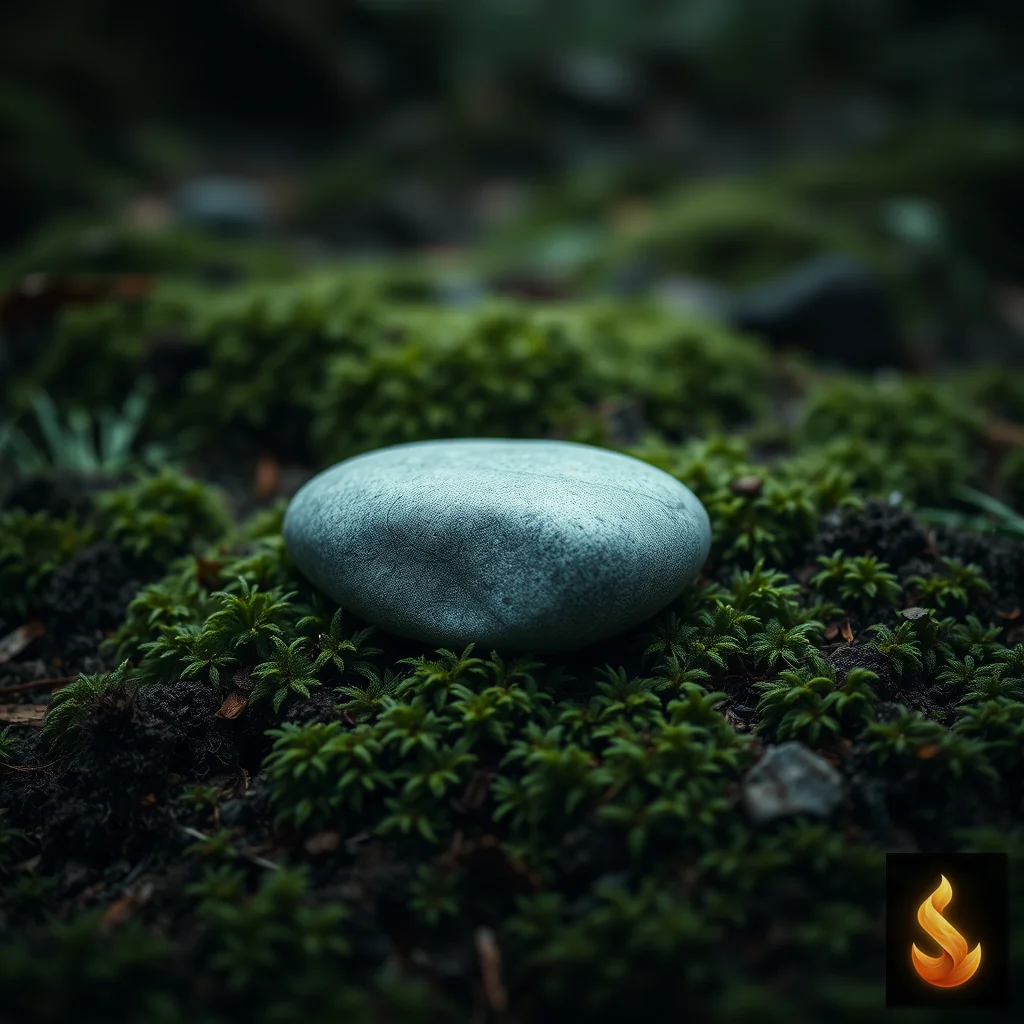 A smooth river stone on green moss, representing the silent, unrecognized weight of disenfranchised grief carried quietly indoors.
