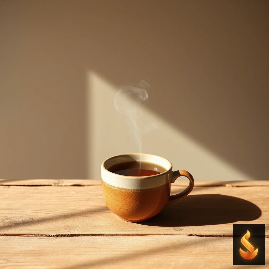 A warm mug of tea on a wooden table, symbolizing the physical pause and comfort required when dealing with somatic exhaustion from stress.
