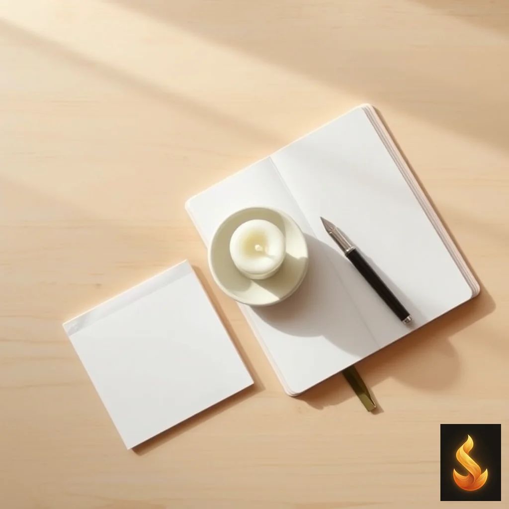 A white candle and an open journal on a desk, representing the personal rituals and meaning reconstruction used to navigate unacknowledged endings.